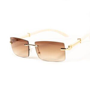 Retro Gold Frame Brown Tint Rimless Buffs White Woodgrain Arm Sunglasses